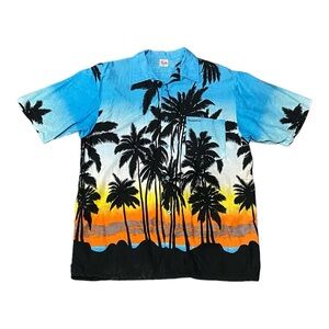 Vintage Dorsett Hawaiian Shirt Mens Size XL Blue Sunset Palm Trees Beach Bahamas